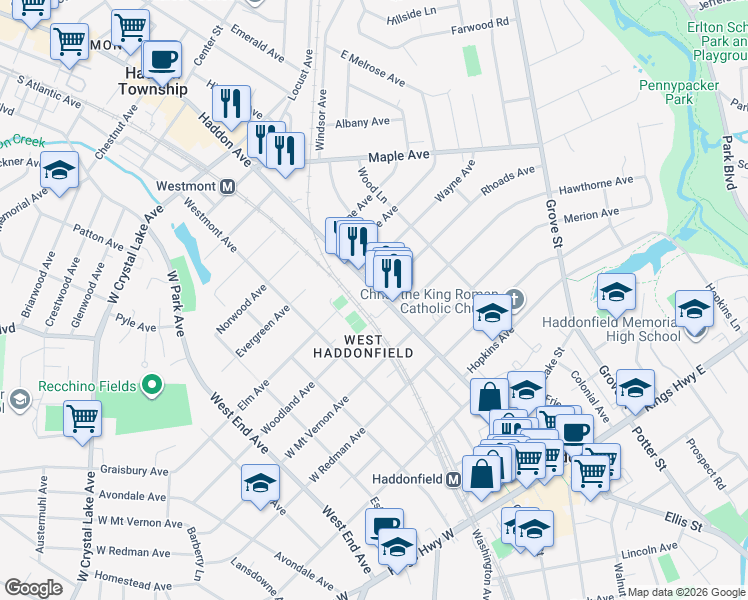map of restaurants, bars, coffee shops, grocery stores, and more near 212 Haddonfield Commons in Haddonfield
