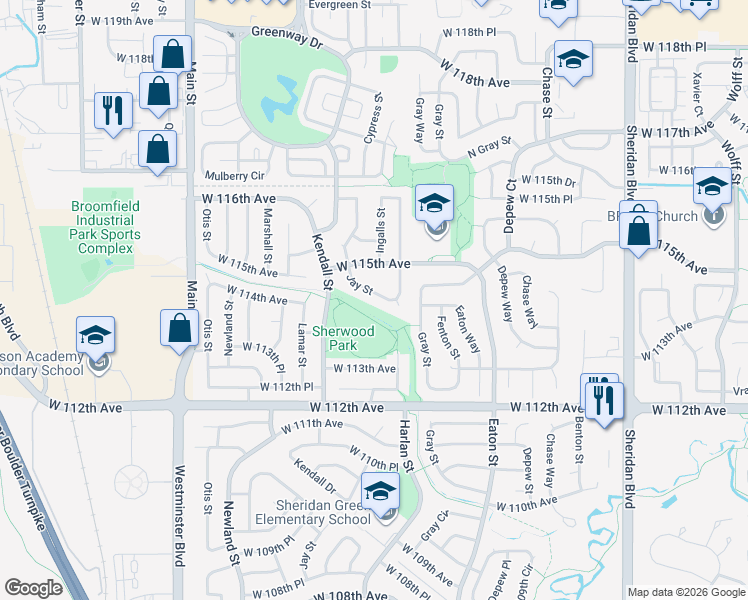 map of restaurants, bars, coffee shops, grocery stores, and more near 11427 Jay Street in Broomfield
