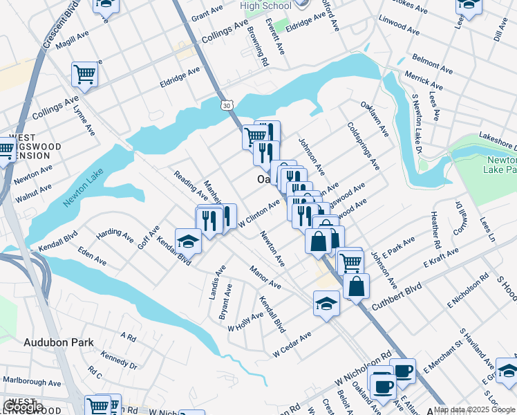 map of restaurants, bars, coffee shops, grocery stores, and more near 45 West Clinton Avenue in Oaklyn