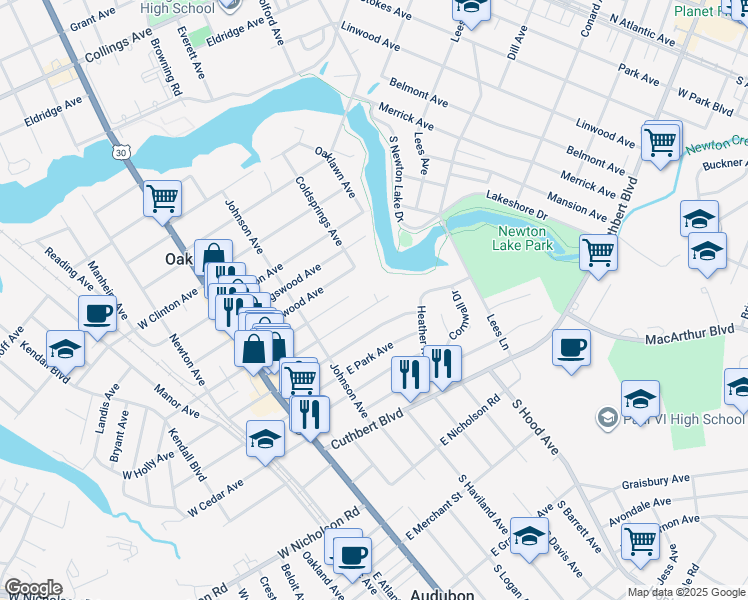 map of restaurants, bars, coffee shops, grocery stores, and more near 125 Ormond Avenue in Oaklyn