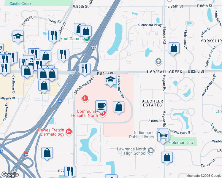 map of restaurants, bars, coffee shops, grocery stores, and more near 8102 Clearvista Parkway in Indianapolis