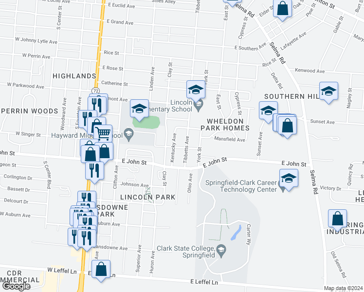 map of restaurants, bars, coffee shops, grocery stores, and more near 550 Hensel Avenue in Springfield