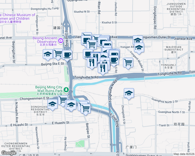 map of restaurants, bars, coffee shops, grocery stores, and more near Jianguomen Inner Street in Beijing