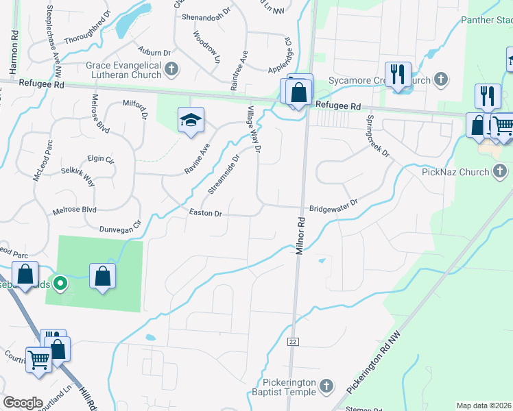 map of restaurants, bars, coffee shops, grocery stores, and more near 11675 Village Way Drive in Pickerington