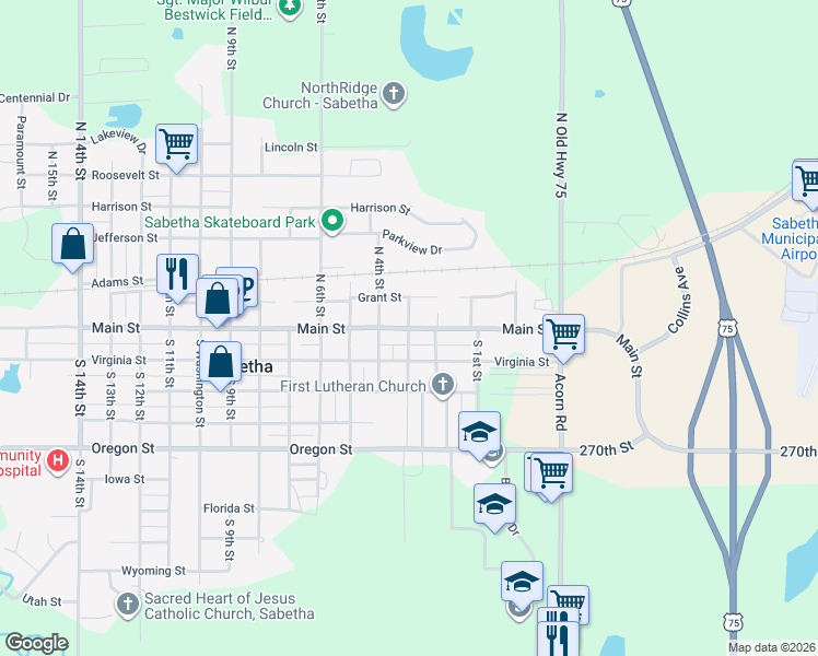 map of restaurants, bars, coffee shops, grocery stores, and more near 101 South 3rd Street in Sabetha