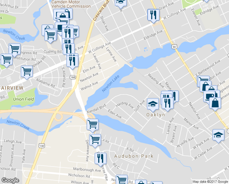 map of restaurants, bars, coffee shops, grocery stores, and more near 61 Kendall Boulevard in Oaklyn