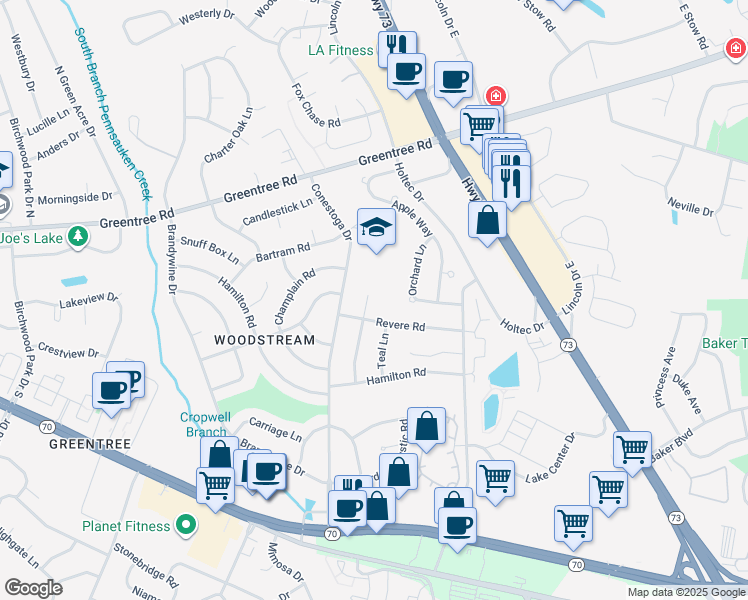 map of restaurants, bars, coffee shops, grocery stores, and more near 15 Tinder Box Terrace in Evesham Township