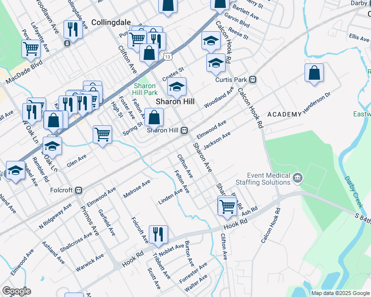 map of restaurants, bars, coffee shops, grocery stores, and more near 1107 West Jackson Street in Sharon Hill