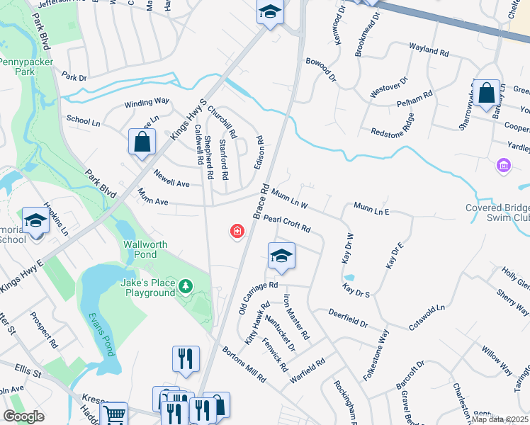 map of restaurants, bars, coffee shops, grocery stores, and more near 105 Pearl Croft Road in Cherry Hill