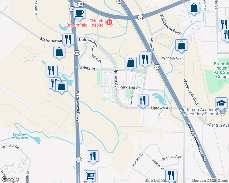 map of restaurants, bars, coffee shops, grocery stores, and more near 11296 Sheps Way in Broomfield
