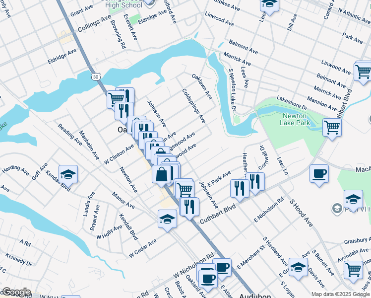 map of restaurants, bars, coffee shops, grocery stores, and more near 107 East Oakland Avenue in Oaklyn