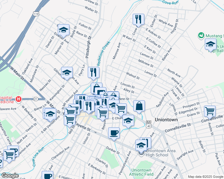 map of restaurants, bars, coffee shops, grocery stores, and more near 66 North Gallatin Avenue in Uniontown