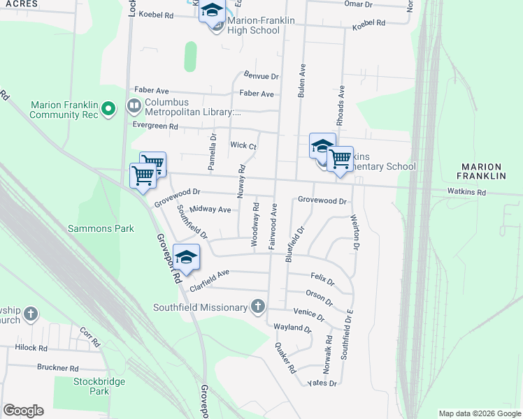 map of restaurants, bars, coffee shops, grocery stores, and more near 3039 Woodway Road in Columbus