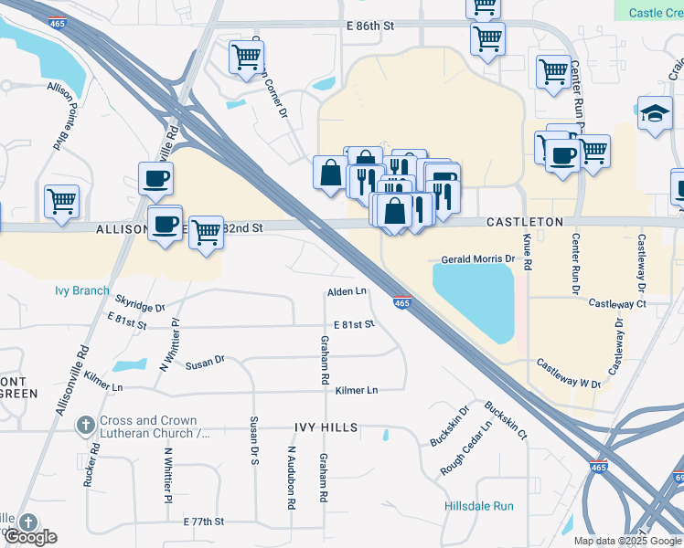 map of restaurants, bars, coffee shops, grocery stores, and more near 5819 Ivy Knoll Court in Indianapolis