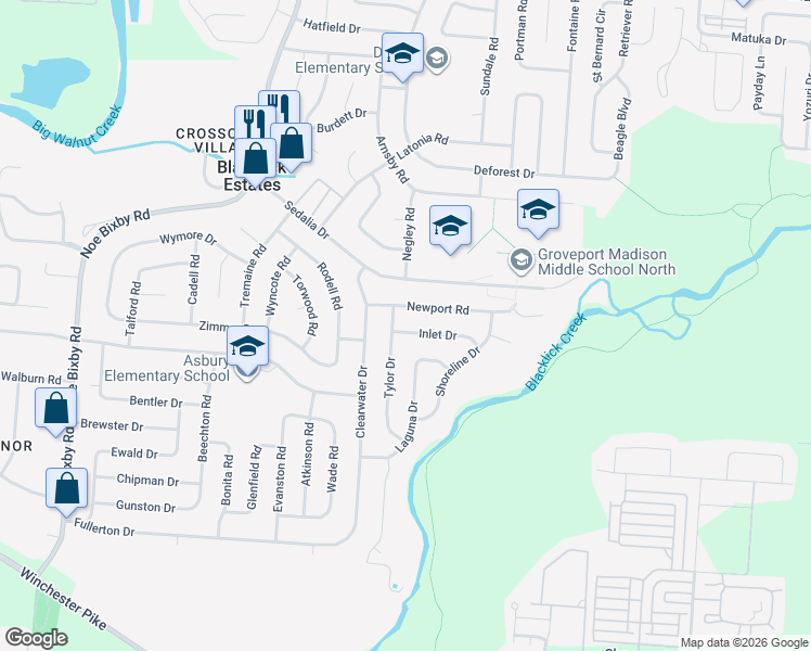 map of restaurants, bars, coffee shops, grocery stores, and more near 5405 Inlet Drive in Columbus