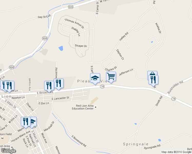 map of restaurants, bars, coffee shops, grocery stores, and more near 334 South Camp Street in Red Lion