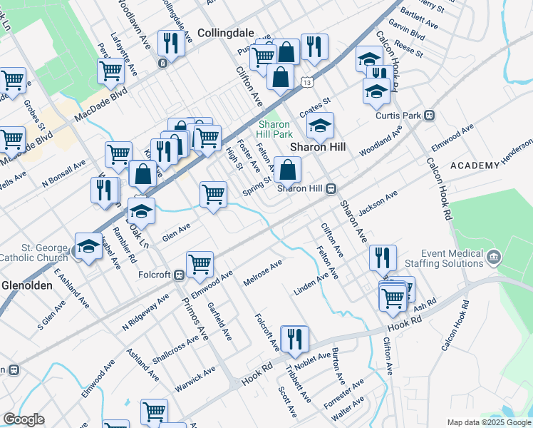 map of restaurants, bars, coffee shops, grocery stores, and more near 1329 Woodland Avenue in Sharon Hill