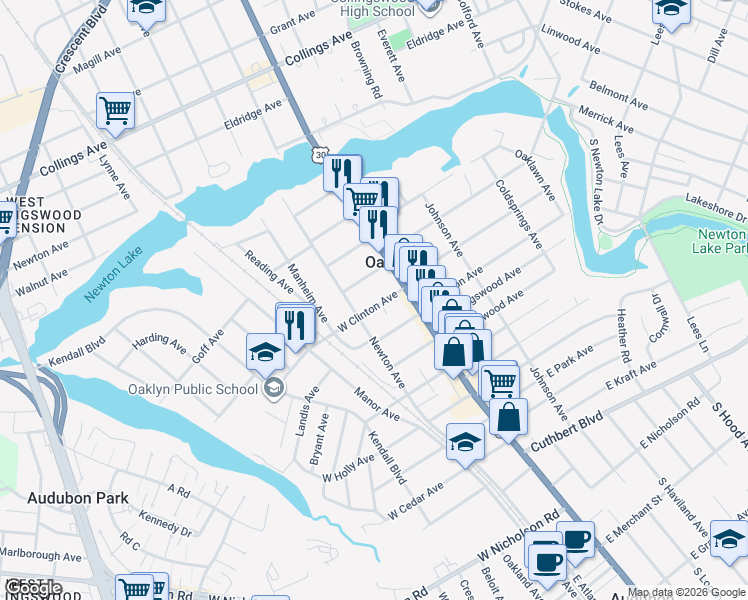 map of restaurants, bars, coffee shops, grocery stores, and more near 40 West Clinton Avenue in Oaklyn