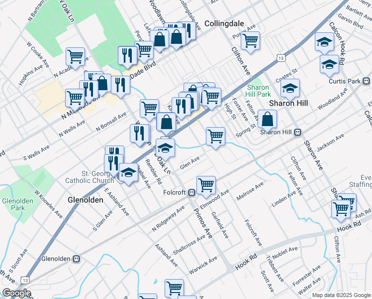 map of restaurants, bars, coffee shops, grocery stores, and more near 132 Folcroft Avenue in Folcroft