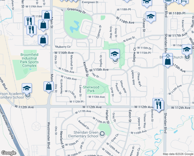 map of restaurants, bars, coffee shops, grocery stores, and more near 11427 Jay Street in Broomfield