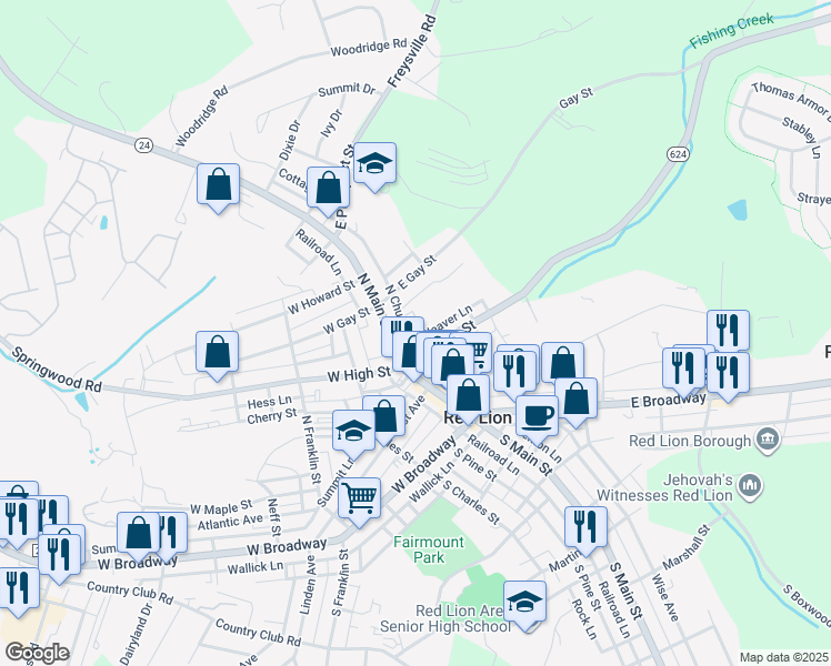 map of restaurants, bars, coffee shops, grocery stores, and more near 41 Weaver Lane in Red Lion