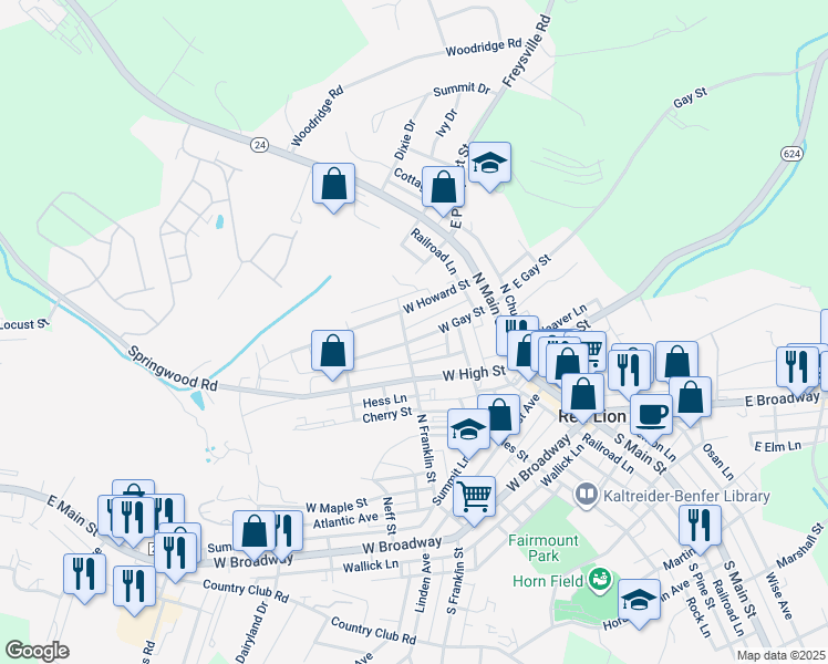 map of restaurants, bars, coffee shops, grocery stores, and more near 151 West Gay Street in Red Lion