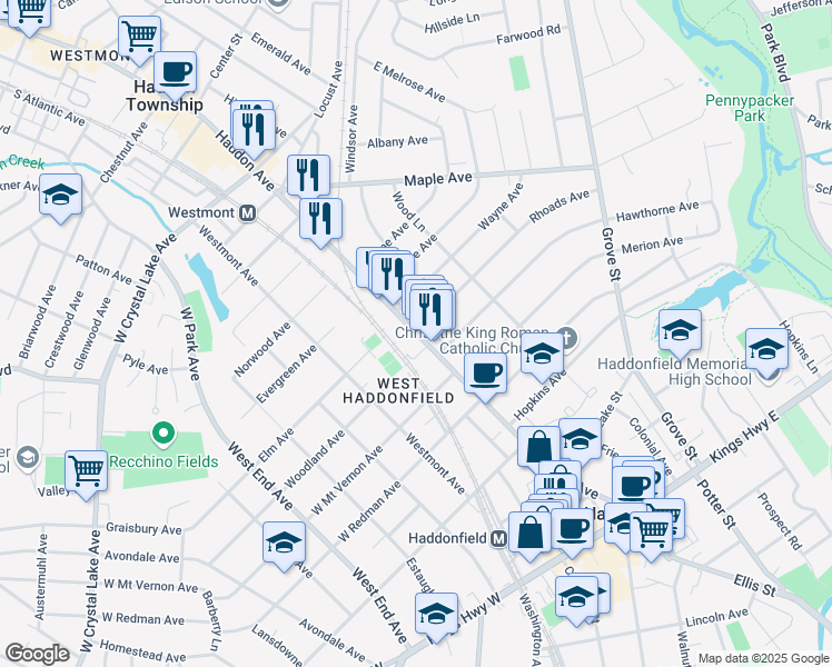 map of restaurants, bars, coffee shops, grocery stores, and more near North Haddon Avenue & Rhoads Avenue in Haddonfield