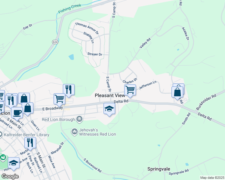 map of restaurants, bars, coffee shops, grocery stores, and more near 334 South Camp Street in Red Lion