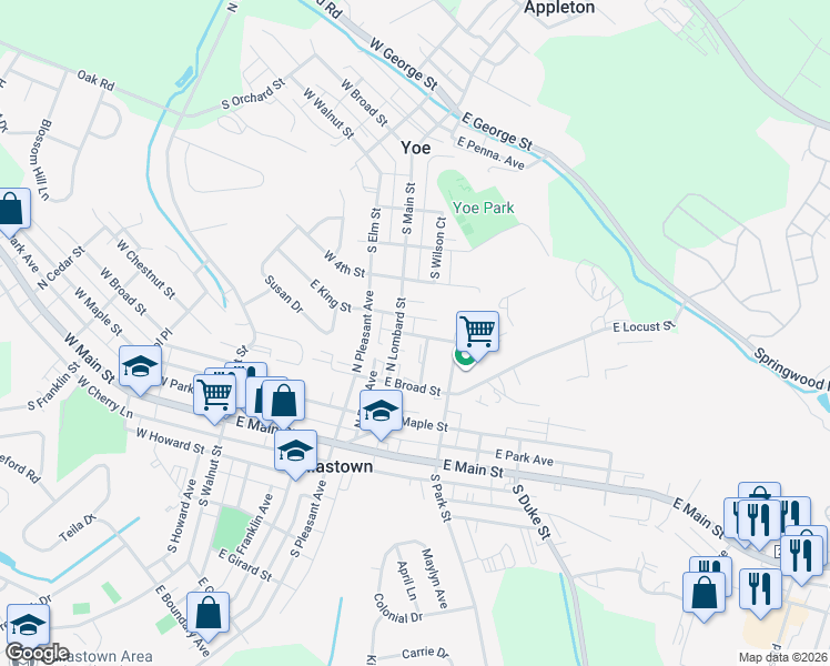 map of restaurants, bars, coffee shops, grocery stores, and more near 258 Railroad Avenue in Dallastown