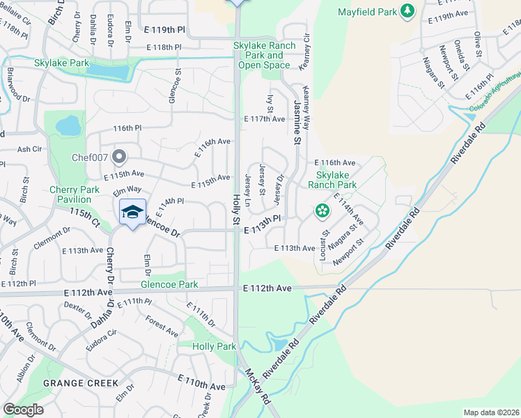 map of restaurants, bars, coffee shops, grocery stores, and more near 11306 Jersey Drive in Thornton