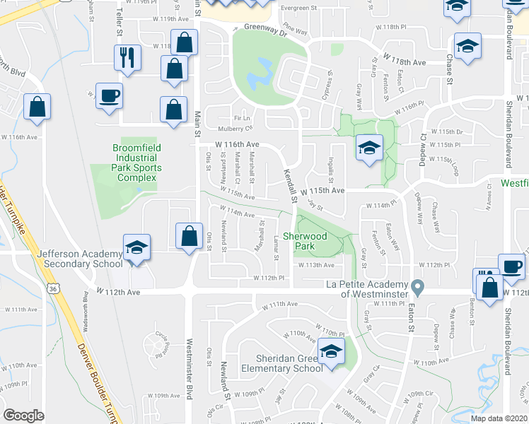 map of restaurants, bars, coffee shops, grocery stores, and more near 6426 West 114th Avenue in Broomfield