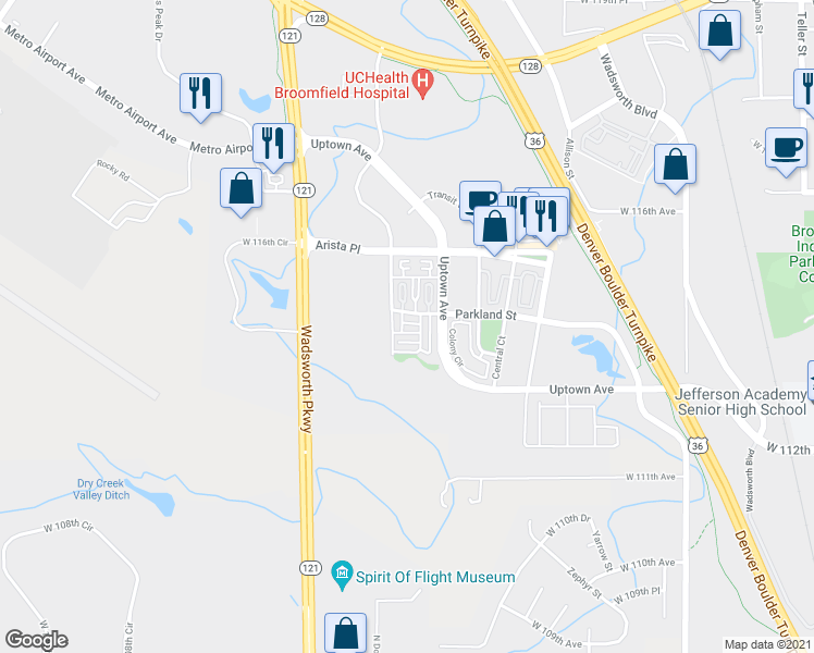 map of restaurants, bars, coffee shops, grocery stores, and more near 11296 Sheps Way in Broomfield