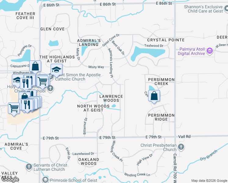map of restaurants, bars, coffee shops, grocery stores, and more near 8111 Lawrence Woods Place in Indianapolis