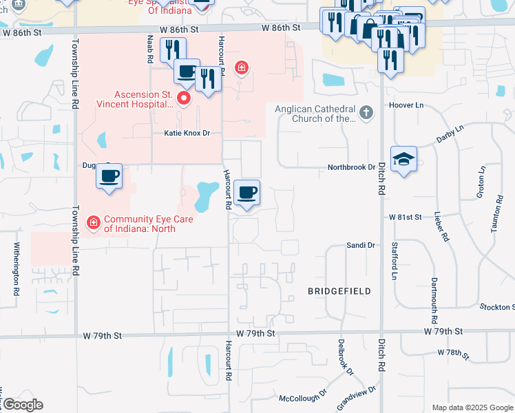 map of restaurants, bars, coffee shops, grocery stores, and more near 1749 Century Way in Indianapolis