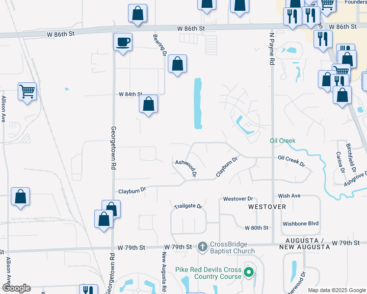 map of restaurants, bars, coffee shops, grocery stores, and more near 4356 Oil Creek Drive in Indianapolis