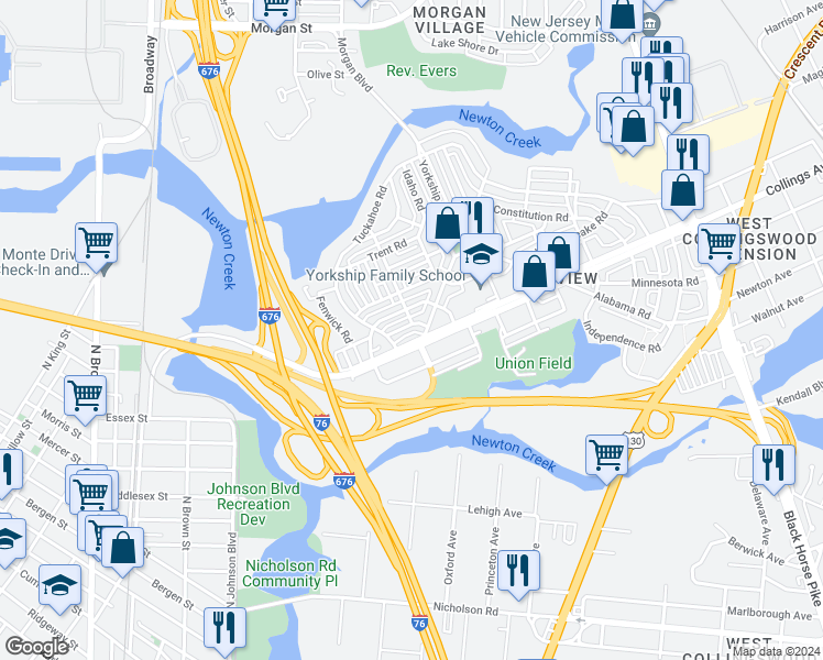 map of restaurants, bars, coffee shops, grocery stores, and more near 1030 Monitor Road in Camden