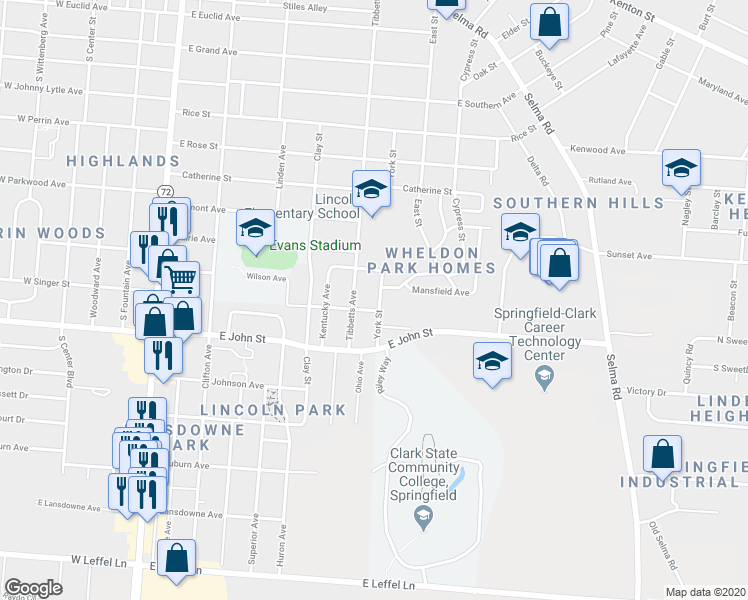 map of restaurants, bars, coffee shops, grocery stores, and more near 1749 York Street in Springfield