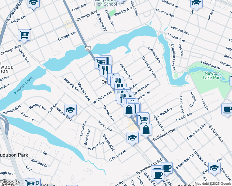 map of restaurants, bars, coffee shops, grocery stores, and more near in Oaklyn