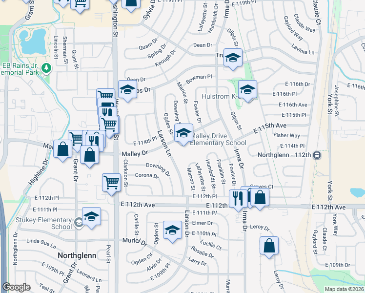 map of restaurants, bars, coffee shops, grocery stores, and more near 1300 Malley Drive in Northglenn