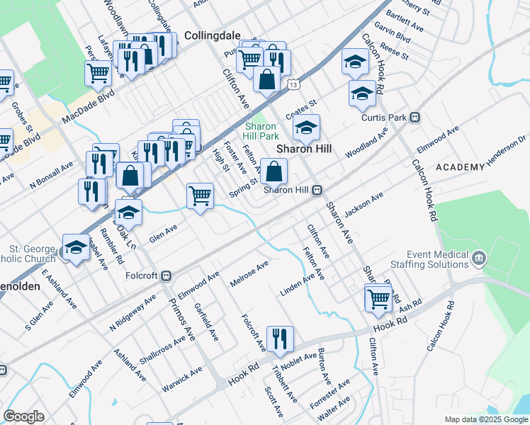 map of restaurants, bars, coffee shops, grocery stores, and more near 1319 Woodland Avenue in Sharon Hill