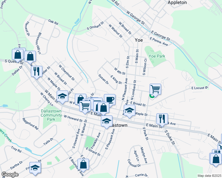 map of restaurants, bars, coffee shops, grocery stores, and more near 50 Susan Drive in Dallastown