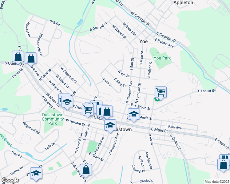map of restaurants, bars, coffee shops, grocery stores, and more near 50 Susan Drive in Dallastown