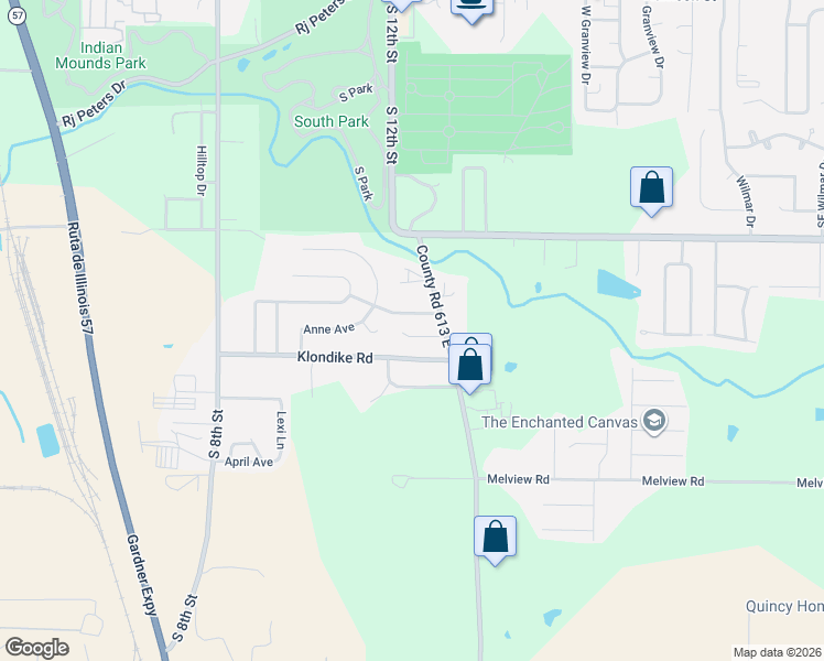 map of restaurants, bars, coffee shops, grocery stores, and more near 1233 Klondike Road in Quincy