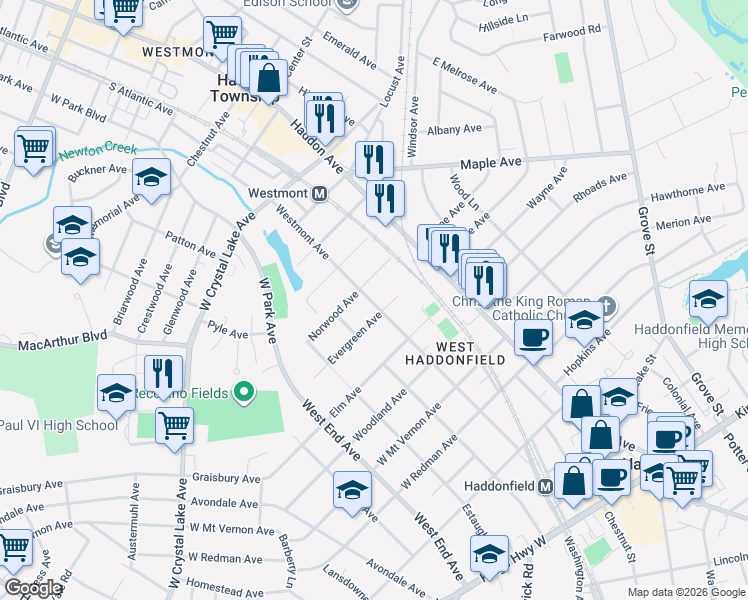 map of restaurants, bars, coffee shops, grocery stores, and more near 664 Westmont Avenue in Haddon Township