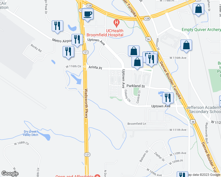 map of restaurants, bars, coffee shops, grocery stores, and more near 8508 Redpoint Way in Broomfield