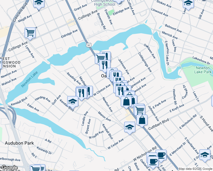 map of restaurants, bars, coffee shops, grocery stores, and more near 40 West Clinton Avenue in Oaklyn