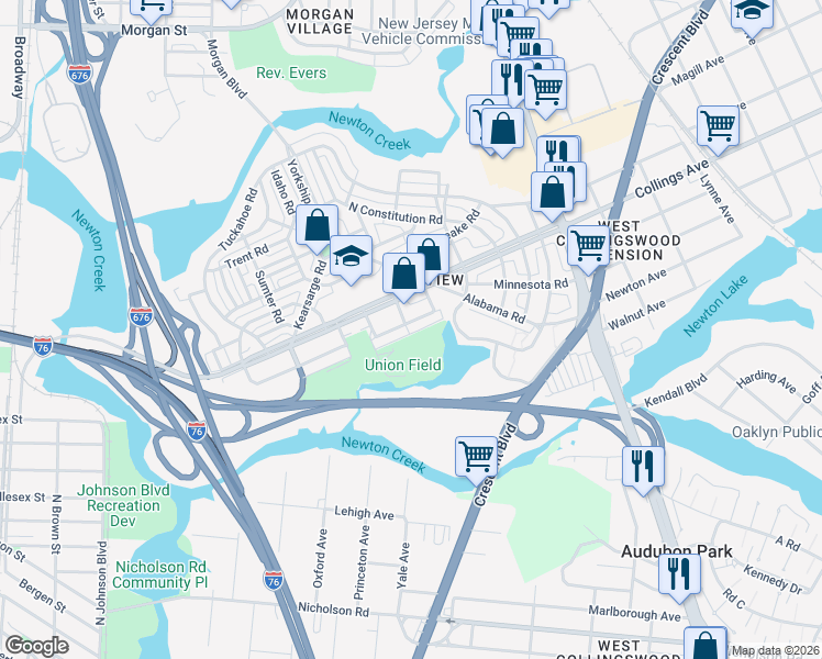 map of restaurants, bars, coffee shops, grocery stores, and more near 1266 South Merrimac Road in Camden