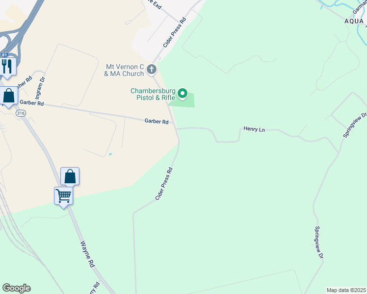 map of restaurants, bars, coffee shops, grocery stores, and more near 1898 Cider Press Road in Chambersburg