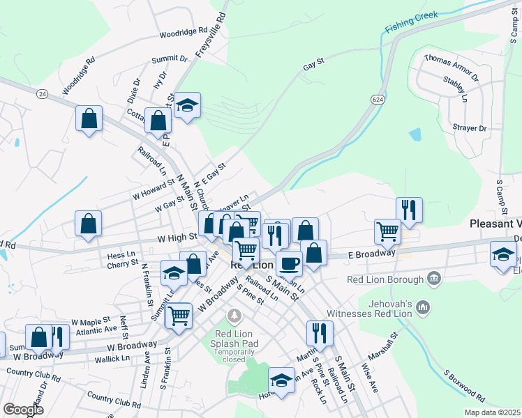 map of restaurants, bars, coffee shops, grocery stores, and more near 110 East High Street in Red Lion