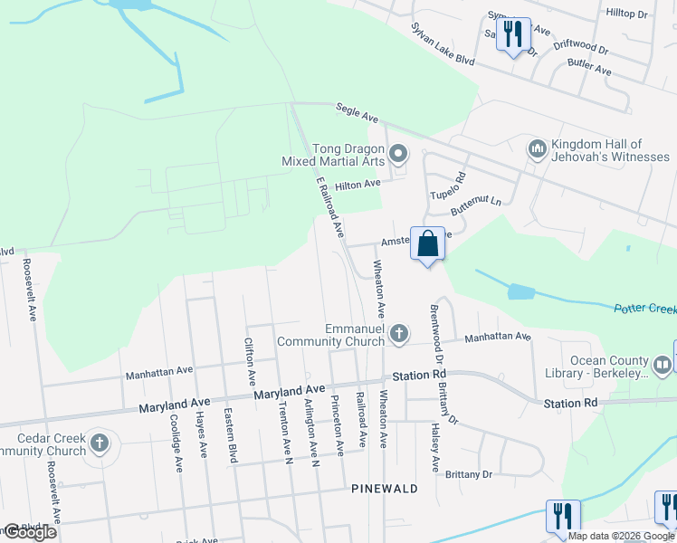 map of restaurants, bars, coffee shops, grocery stores, and more near 304 Railroad Avenue in Ocean County